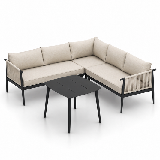 Salon de jardin d'angle 5 places en aluminium noir et corde beige