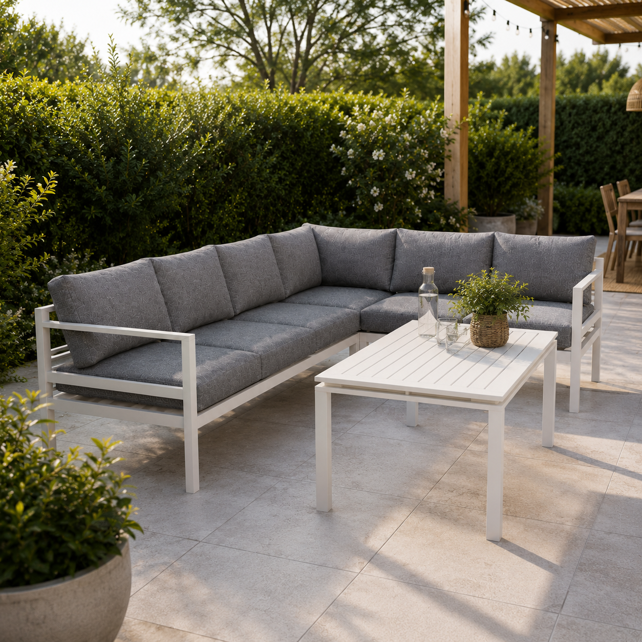 Salon de jardin d'angle 6 places en aluminium blanc