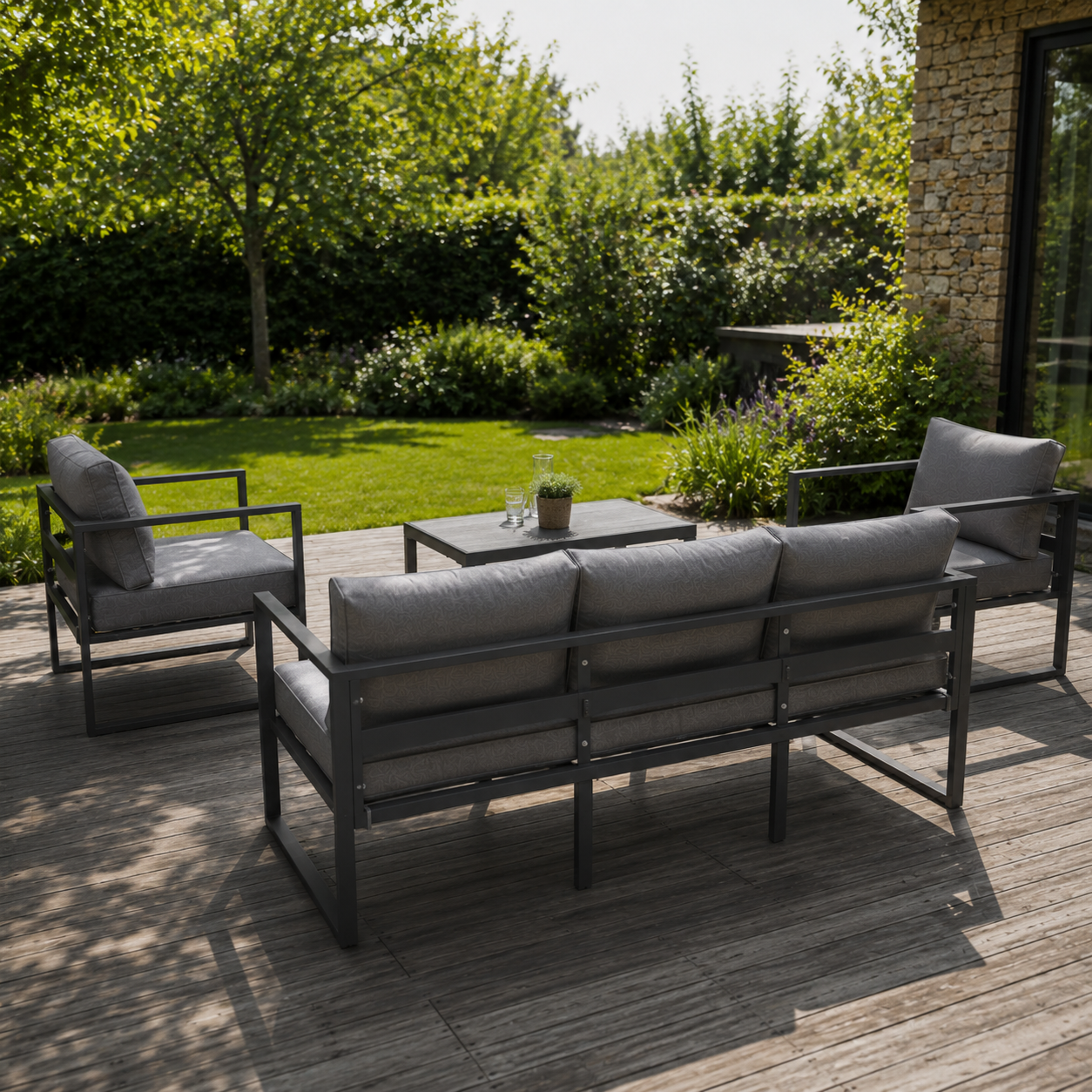Salon de jardin 5 places en aluminium anthracite et tissu gris