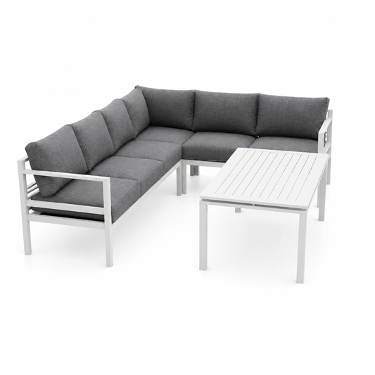 Salon de jardin d'angle 6 places en aluminium blanc