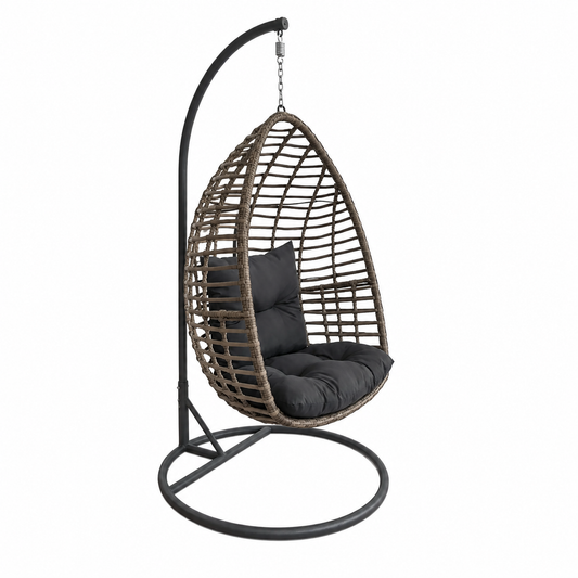 Fauteuil suspendu oeuf avec support tressée rotin et coussin noir