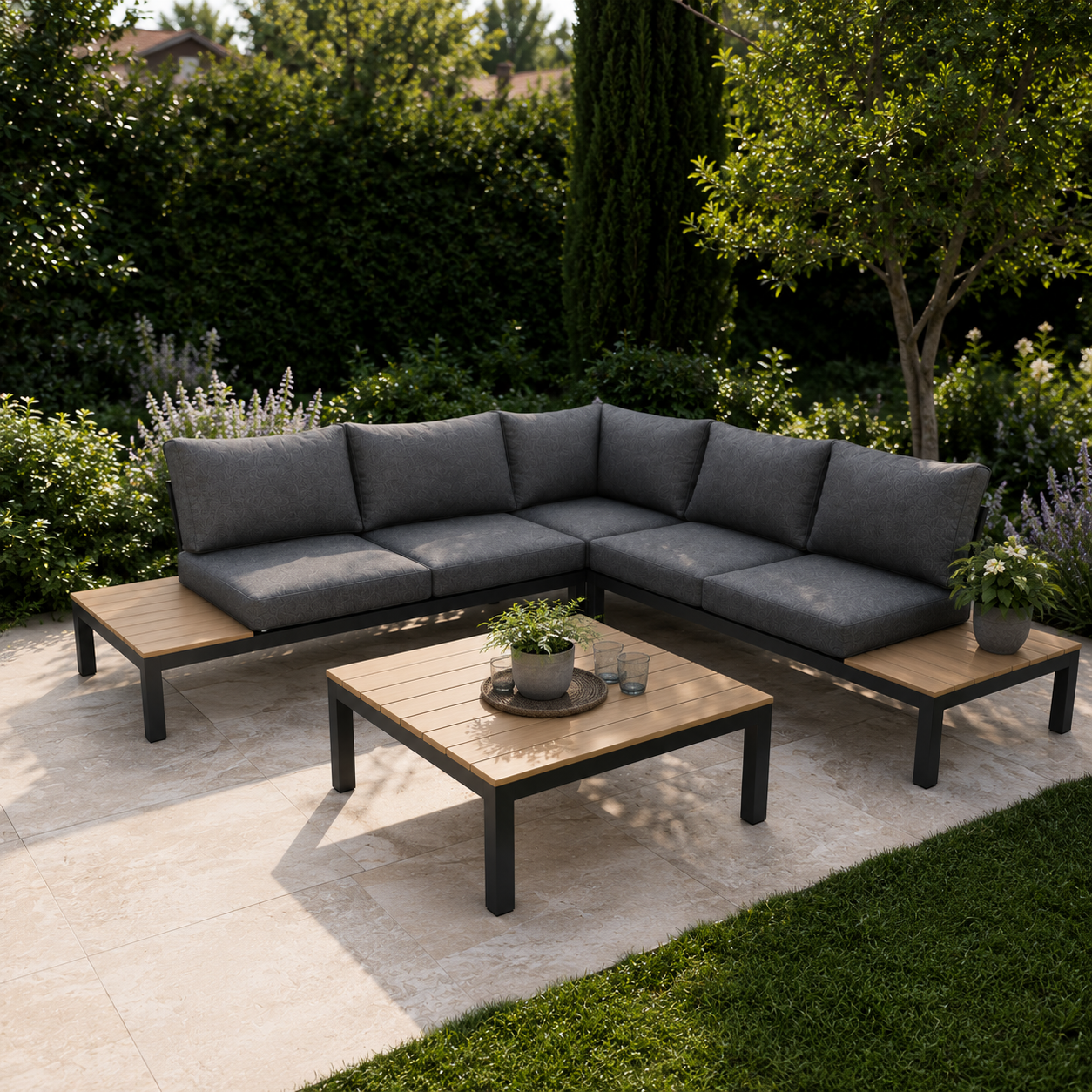 Salon de jardin en angle gris 5 places