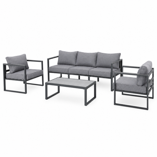 Salon de jardin 5 places en aluminium anthracite et tissu gris