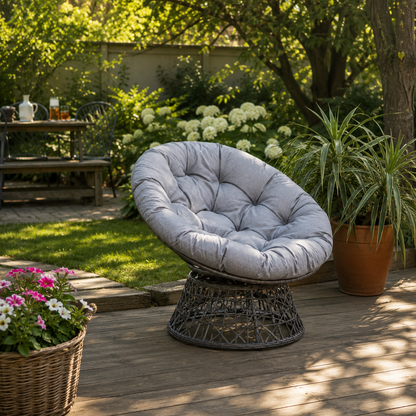 Fauteuil papasan tressée et grand coussin rond gris anthracite