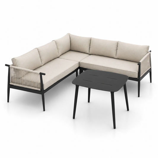 Salon de jardin d'angle 5 places en aluminium noir et corde beige