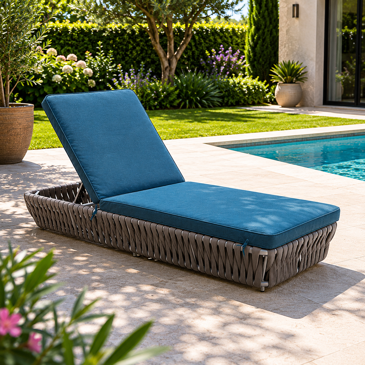 Bain de soleil inclinable en corde tressée grise et tissu bleu canard