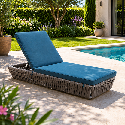 Bain de soleil inclinable en corde tressée grise et tissu bleu canard
