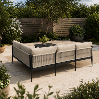 Salon de jardin d'angle 5 places en aluminium noir et corde beige