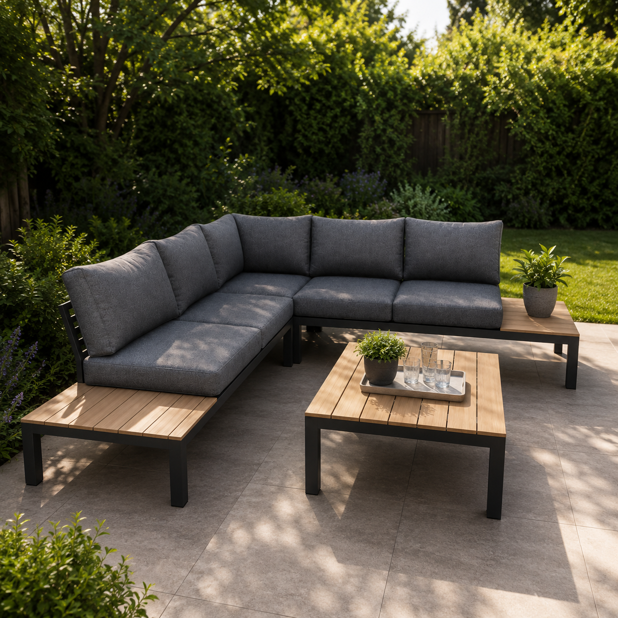Salon de jardin en angle gris 5 places
