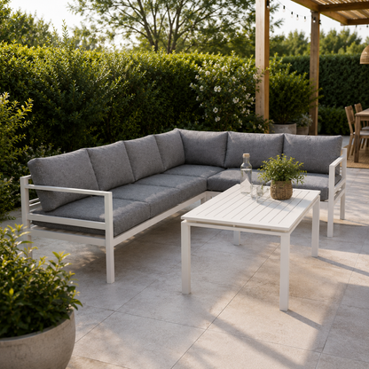 Salon de jardin d'angle 6 places en aluminium blanc