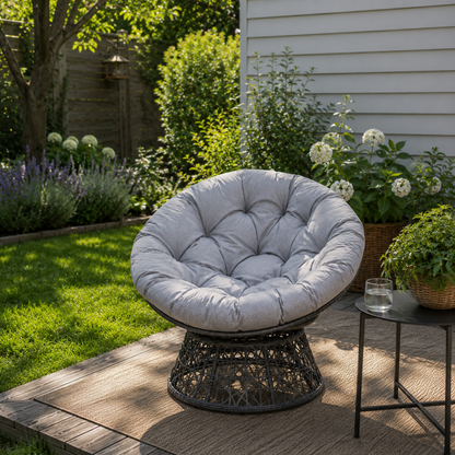Fauteuil papasan tressée et grand coussin rond gris anthracite