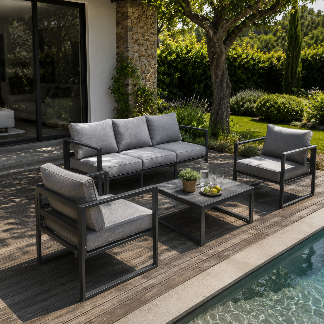Salon de jardin 5 places en aluminium anthracite et tissu gris