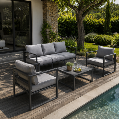 Salon de jardin 5 places en aluminium anthracite et tissu gris