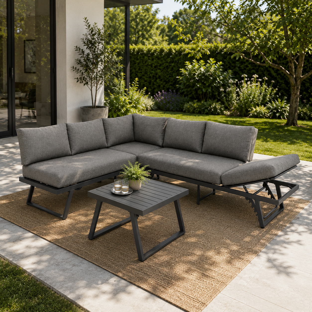 Salon de jardin d'angle 6 places en aluminium anthracite