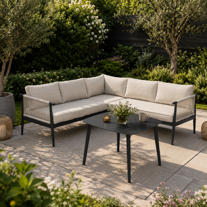 Salon de jardin d'angle 5 places en aluminium noir et corde beige