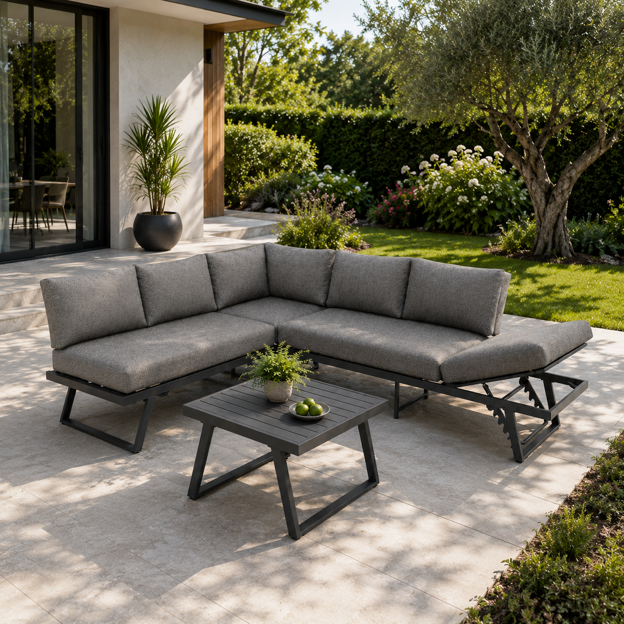 Salon de jardin d'angle 6 places en aluminium anthracite