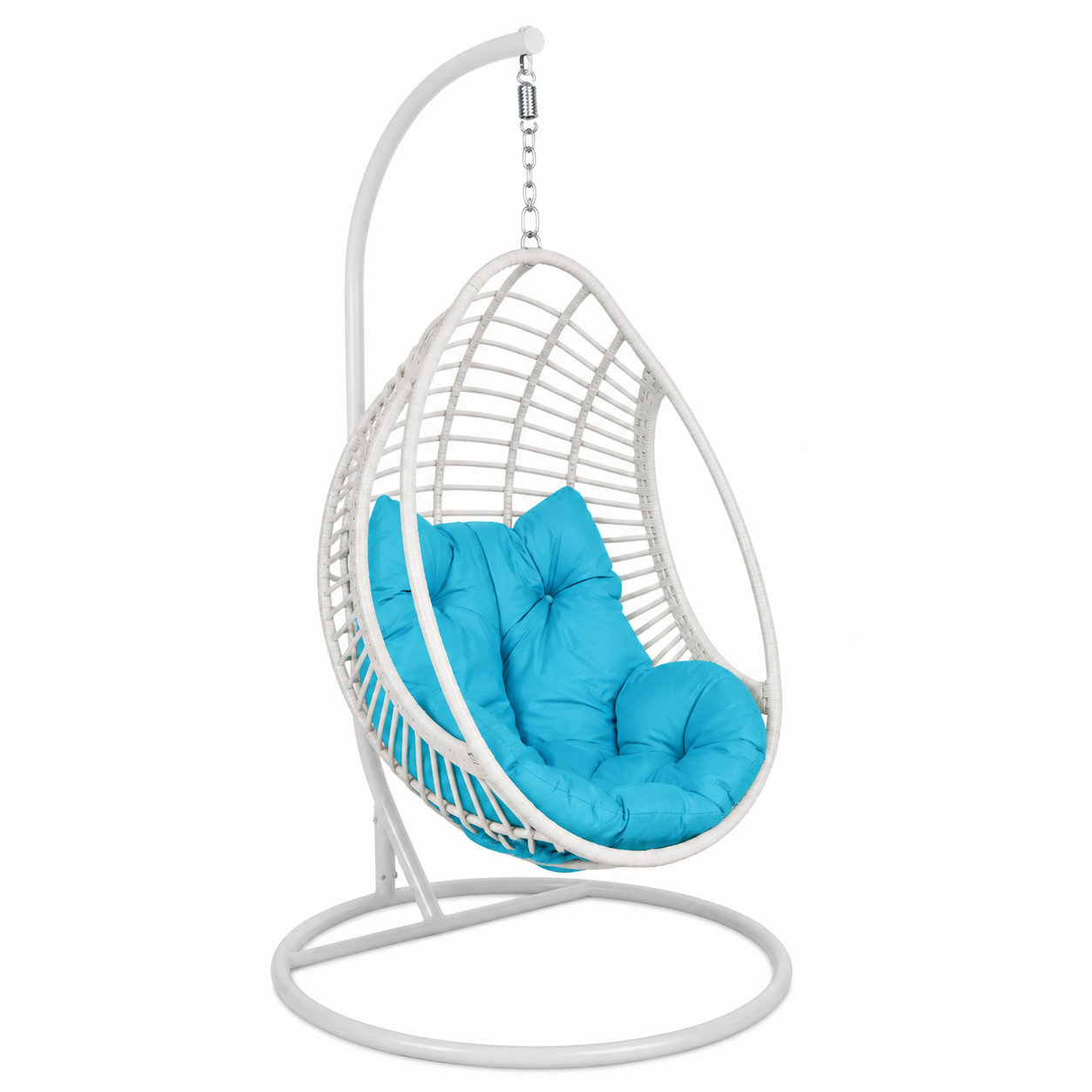 Fauteuil suspendu oeuf avec support tressée et coussin bleu turquoise