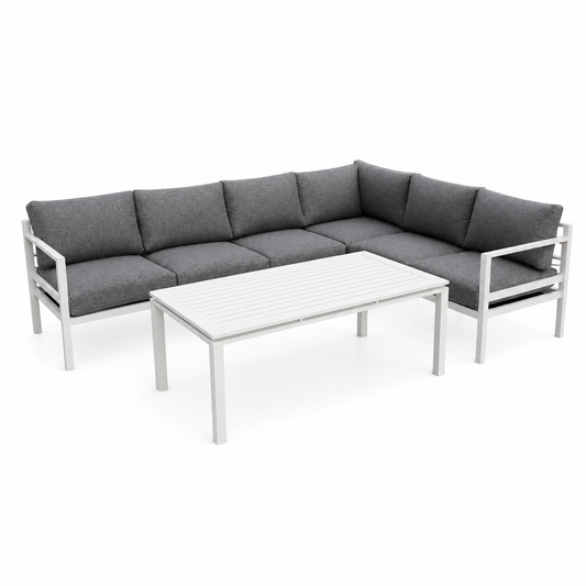 Salon de jardin d'angle 6 places en aluminium blanc