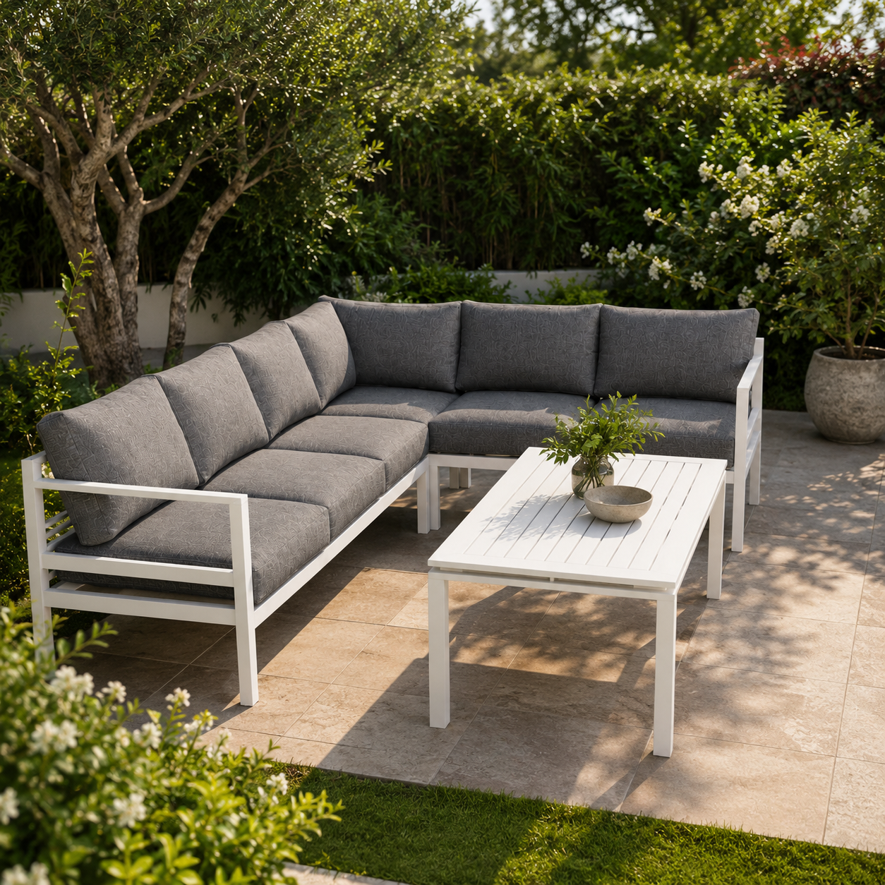 Salon de jardin d'angle 6 places en aluminium blanc