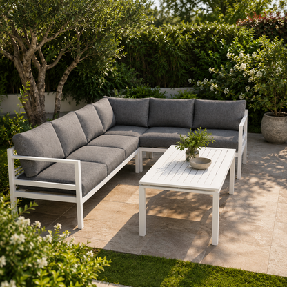 Salon de jardin d'angle 6 places en aluminium blanc