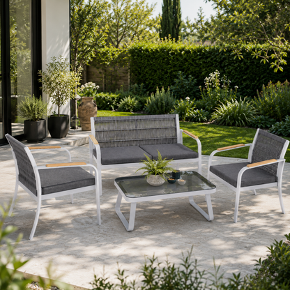 Salon de jardin 4 places en aluminium blanc et résine tressée grise
