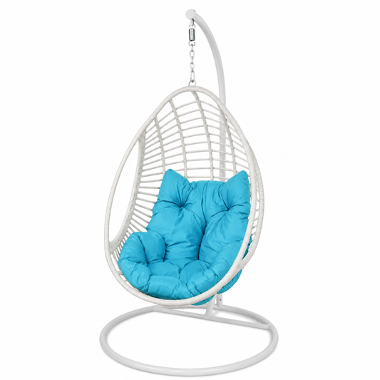 Fauteuil suspendu oeuf avec support tressée et coussin bleu turquoise