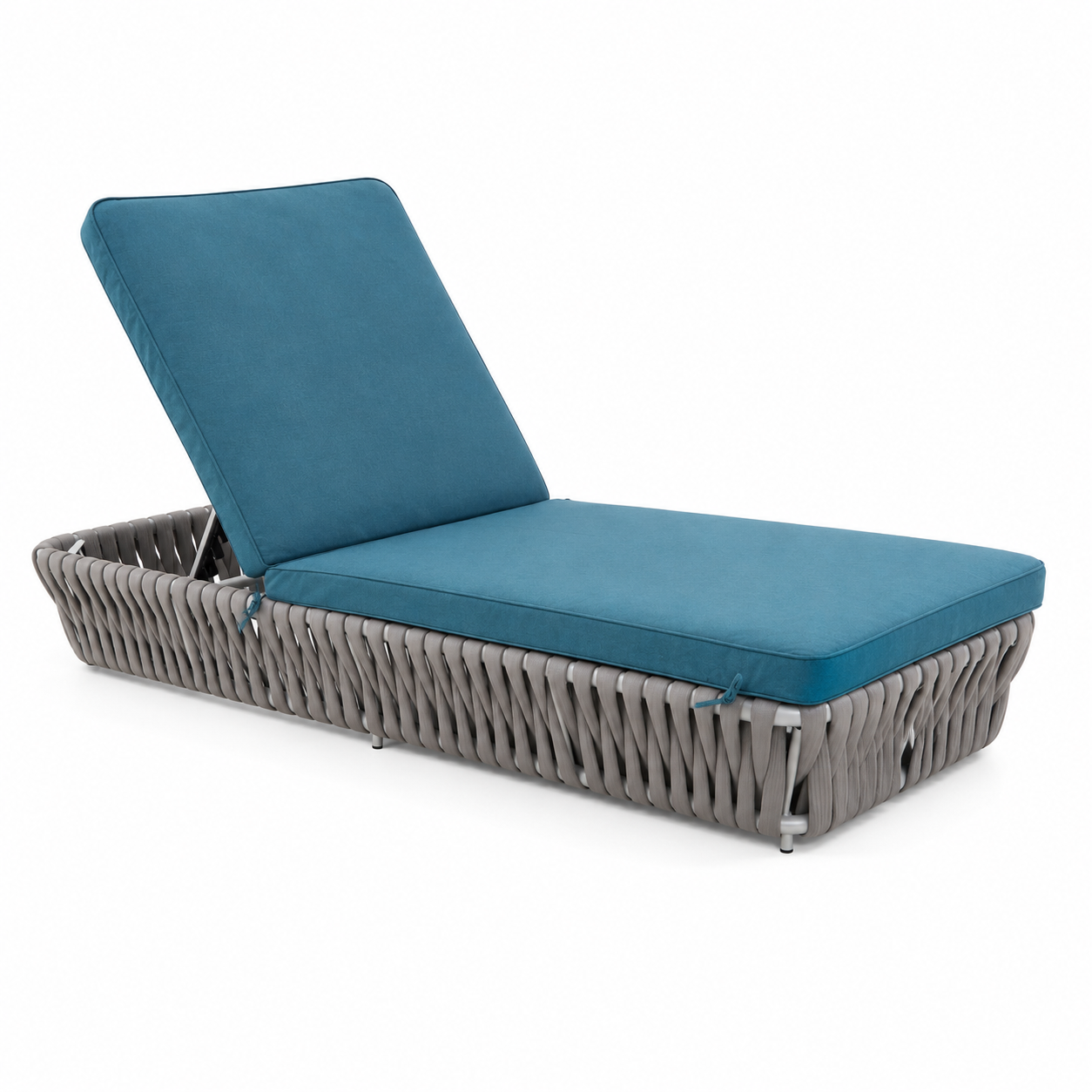 Bain de soleil inclinable en corde tressée grise et tissu bleu canard