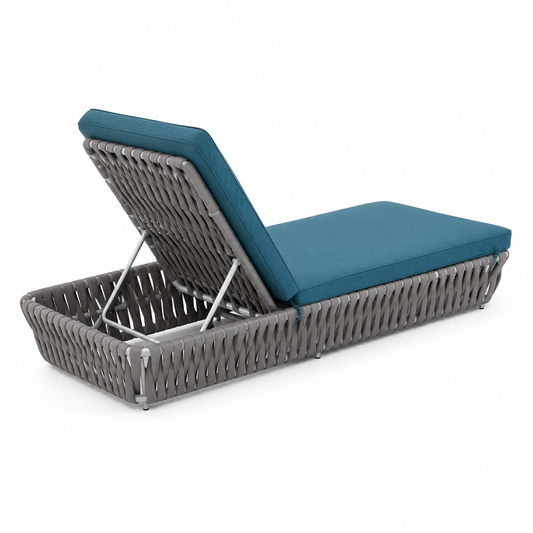 Bain de soleil inclinable en corde tressée grise et tissu bleu canard
