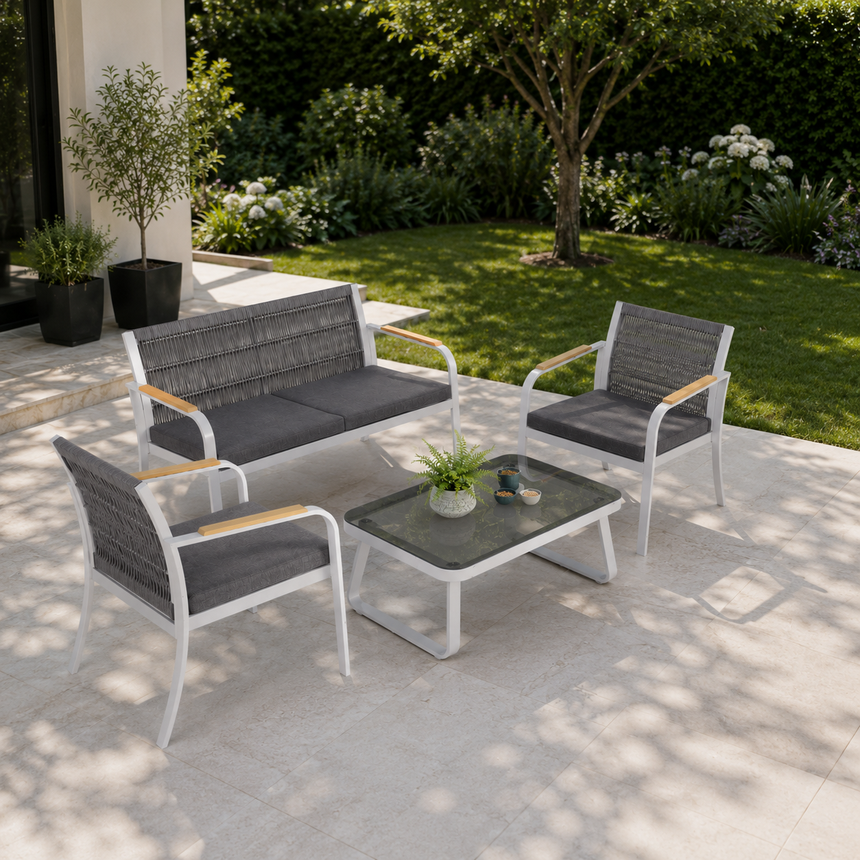 Salon de jardin 4 places en aluminium blanc et résine tressée grise