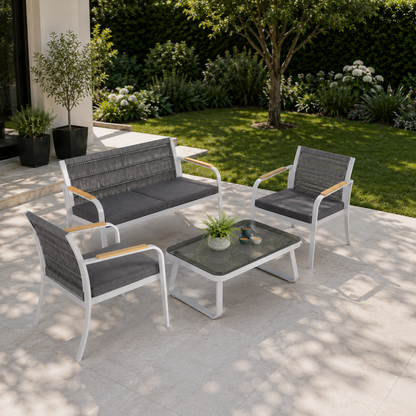 Salon de jardin 4 places en aluminium blanc et résine tressée grise