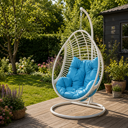 Fauteuil suspendu oeuf avec support tressée et coussin bleu turquoise
