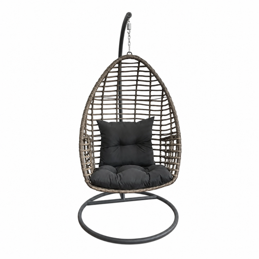 Fauteuil suspendu oeuf avec support tressée rotin et coussin noir