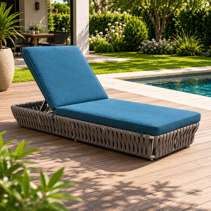 Bain de soleil inclinable en corde tressée grise et tissu bleu canard