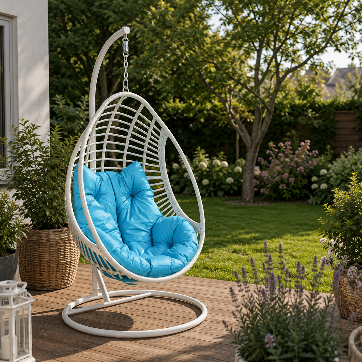 Fauteuil suspendu oeuf avec support tressée et coussin bleu turquoise