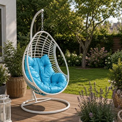 Fauteuil suspendu oeuf avec support tressée et coussin bleu turquoise